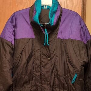 Women's Black Winter Jacket W/ Purple & Turquoise Accent, Front Zip & Snap Close